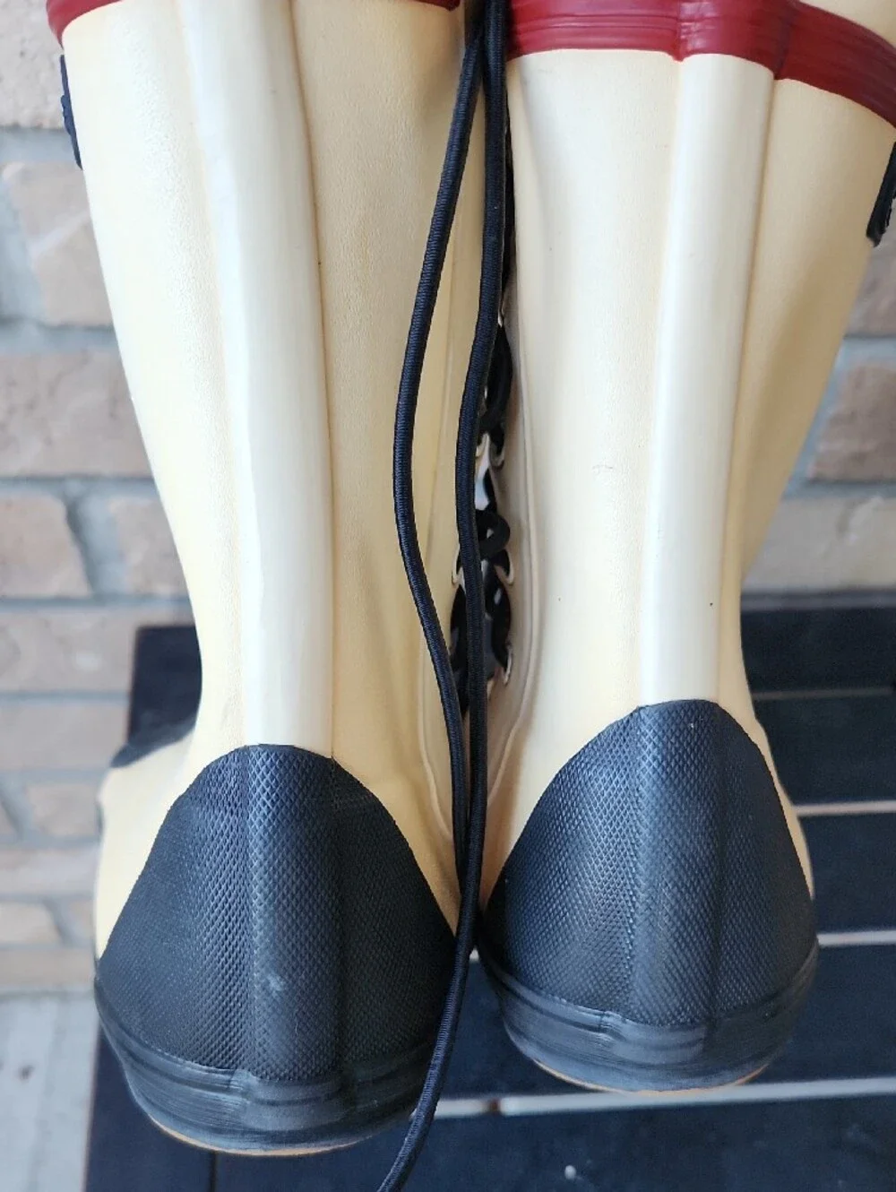 Aigle France Cream, Black and Red Lace-Up Tall Boots